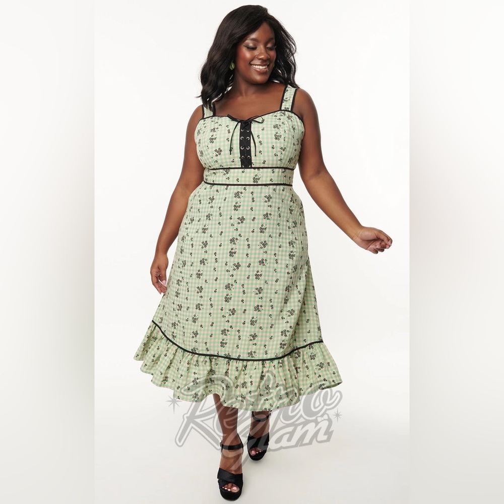 UNIQUE VINTAGE GREEN GINGHAM & BLACK FLORAL MIDI DRESS 3XL NWT